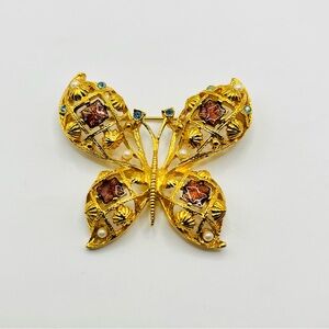 Vintage Avon Guilloche Enamel Butterfly Brooch Faux Pearl Rhinestones GoldTone